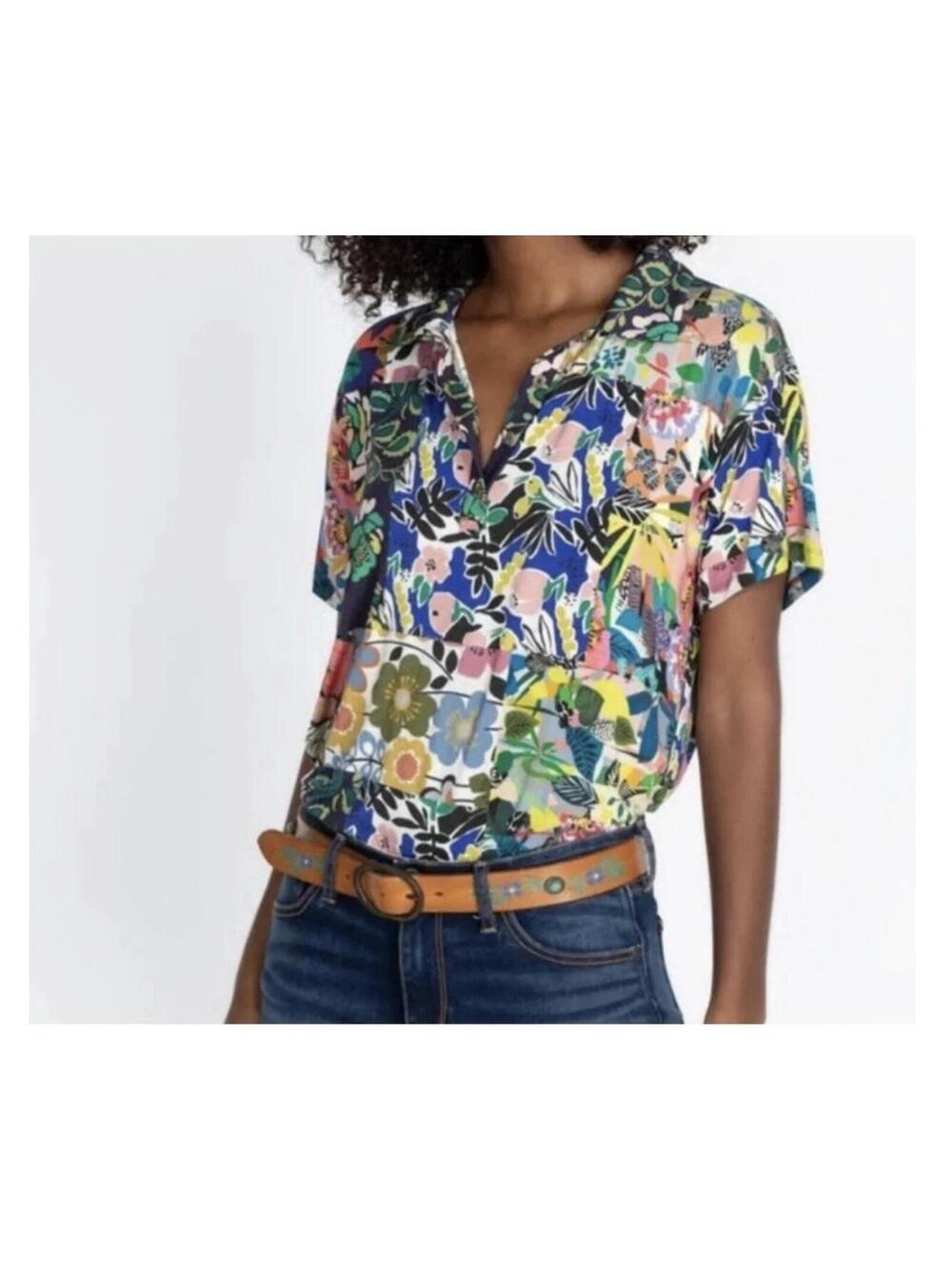Johnny Was Polo Shirt Women's Small Collar Jersey Bamboo Knit Patchwork  Floral
